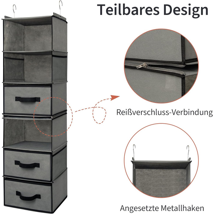 Органайзер для шафи GRANNY SAYS, підвісний, з шухлядами, 1 шт. - підвісне зберігання, полиця для шафи, тканинний органайзер для спальні (сірий, роздільник)
