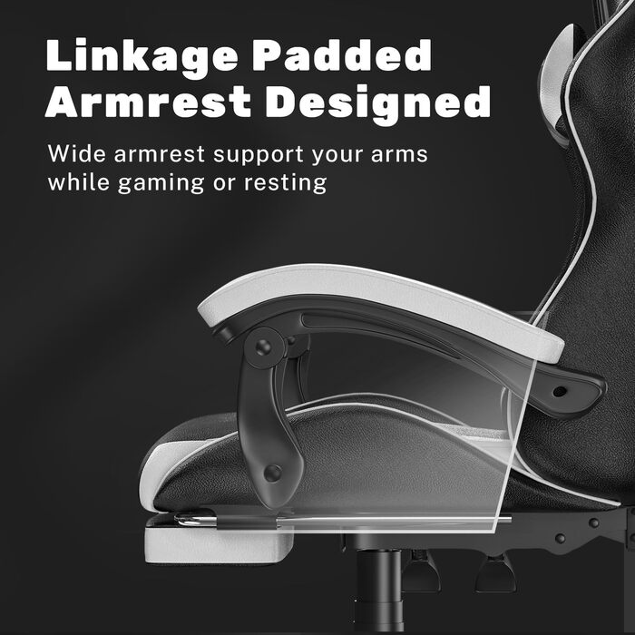 Геймерське крісло Bigzzia Ergonomic з підлокітниками, подушкою для попереку та голови, регульованою висотою, з підставкою для ніг - Білий