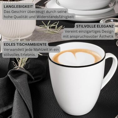 Набір посуду SÄNGER Tafelservice Marlo Black Rim, 24 предмети (6 осіб) з порцеляни: вечері, десерти, миски, чашки