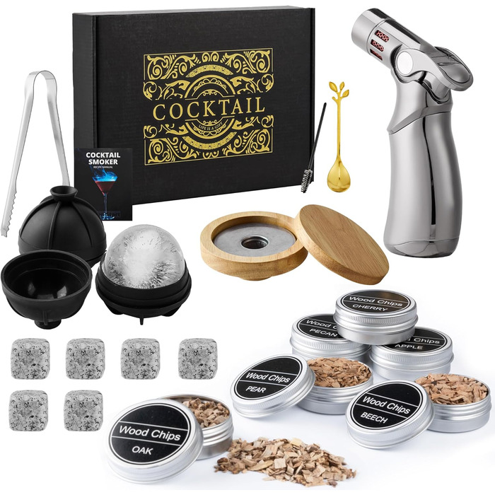 Набір для копчення віскі – Old Fashioned Cocktail Geschenkset: 6 дерев'яних чіпсів, 4 гранітні камені, запальник та аксесуари для любителів віскі та коктейлів (без бутану)