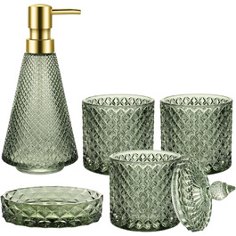 Набір аксесуарів для ванної кімнати зі скла, 5 предметів, зелений, вінтажний стиль. Включає: миловарку, 2 склянки, тримач для зубних щіток, миловарку та піднос для мила.