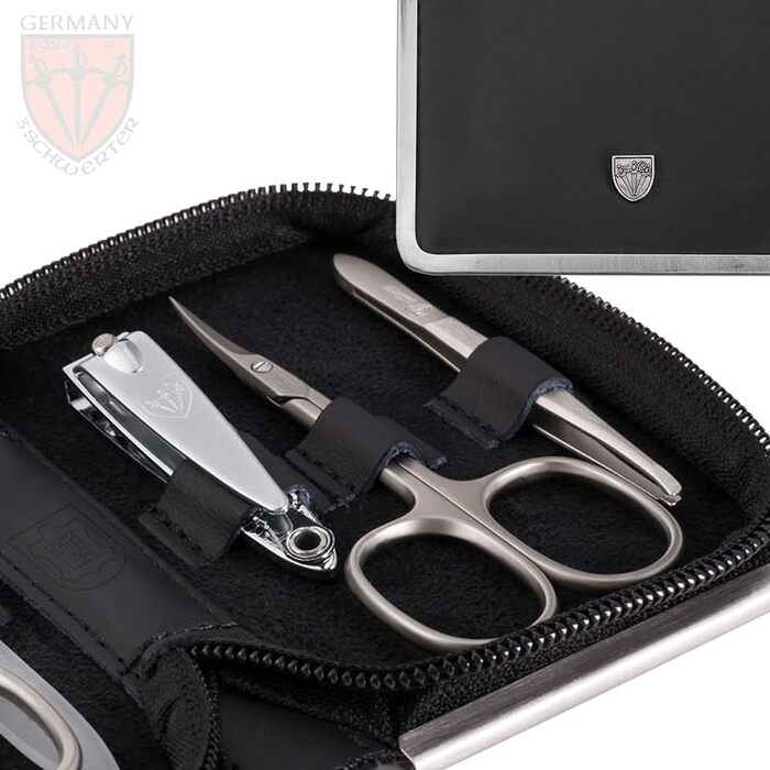 Набір для манікюру та педикюру DREI SCHWERTER 'Ferrara' 6 предметів, німецька якість, чорна шкіра | Манікюрний набір, шкіряний чохол, 6 предметів: ножиці для нігтів, ножиці для кутикули, кусачки, скляна пилка, засіб для очищення нігтів, пінцет