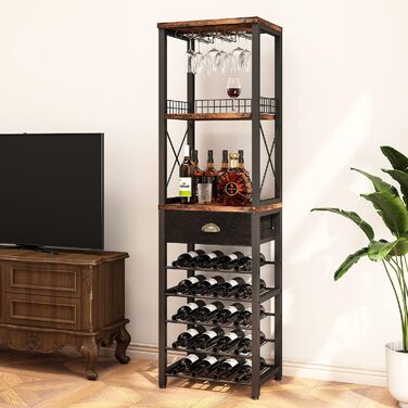 Homeiju Wine Rack, Freestanding Floor, Bar Cabinets for Liqueurs and Glasses, 4-Tier Bar Cabinet with Table Top, Glass Holder, Storage Drawer and Wine Storage for Living Room, Kitchen