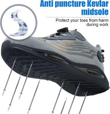 Робочі черевики з металевим носком для чоловіків та жінок, сірі, розмір 43 EU, дихаючі, з поворотним затвором, захисне взуття