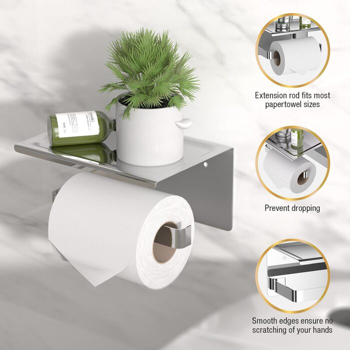 Тримач туалетного паперу HITSLAM без свердління, нержавіюча сталь з полицею, самоклеючий, для ванної кімнати