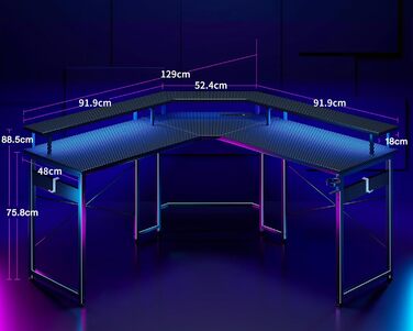 Ігровий стіл ODK 129x129 см з LED підсвіткою, розетками і USB, комп'ютерний стіл з великою полицею для монітора, карбон, чорний