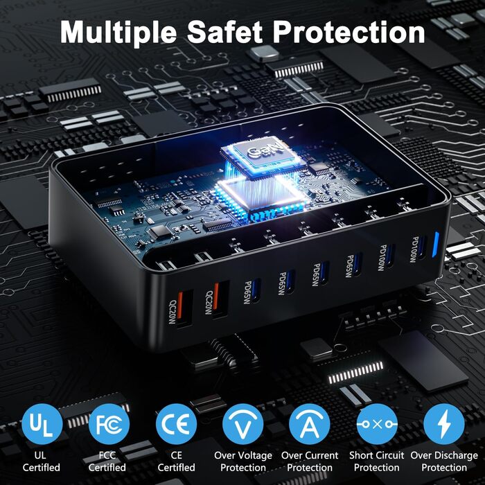 Зарядний пристрій USB-C 500W, 8 портів, GaN PD PPS, для MacBook Pro/Air, iPad, iPhone 15/16, Galaxy S23 - чорний