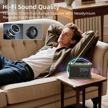 Сонячне радіо з ручним приводом 12000mAh, портативний приймач світу, радіо для надзвичайних ситуацій з AM/FM, 8500 мм² сонячна панель, Powerbank, ліхтарик та світло для читання, для виживання та відключень електроенергії (зелене)