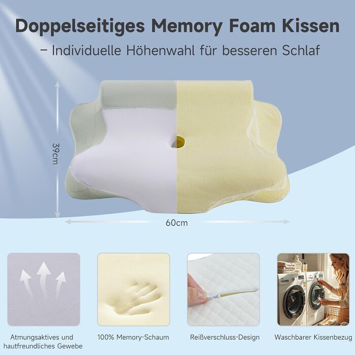Подушка для шиї Z-hom з Memory Foam, ергономічна подушка для сну на спині, боці та животі (60 x 39 x 10/12 см)