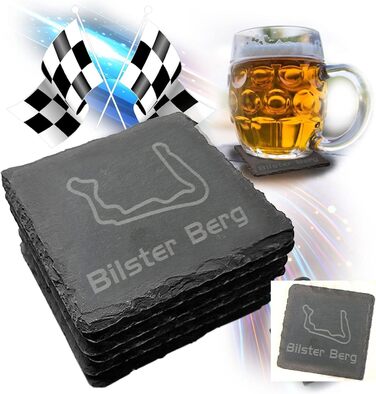 Nürburgring Coasters for Drinks, 6-Piece Set of Slate Coasters, for Home and Dining Room, Decoration, Racing Fans (Bilster Berg)