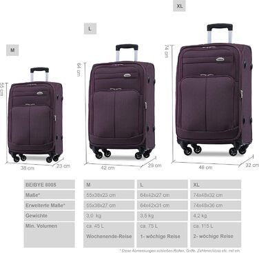 Чемодан тканинний BEIBYE, набір валіз-тележек, з кишенями та замком, 54 см (M-ручна поклажа), червоний та фіолетовий кольори