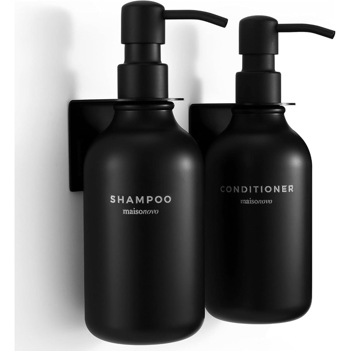 Шампунь MaisoNovo у пляшках для наповнення – дозатори для рідкого мила та гелю для душу, настінний монтаж – набір з 3 пляшок об'ємом 500 мл, янтарного кольору, з чорним дозатором (набір з 2 чорних дозаторів)