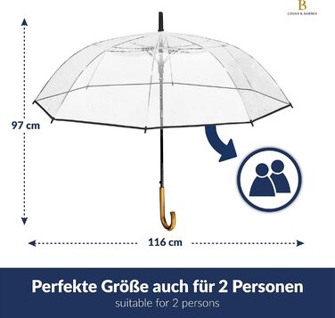 Logan & Barnes Transparent Wedding Umbrella with Real Wood Handle - 120cm Large Umbrella for 2 People - Cardiff XL Model - 120cm Transparent Umbrella with Black Trim