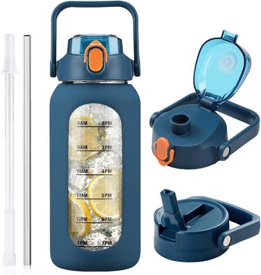 2L Glass Water Bottle with 2 Lids Flip and Go Lid 2 Liter Large Water Jug with Time Marker and Silicone Sleeve BPA-Free Leakproof for Sport Gym, Dark Blue