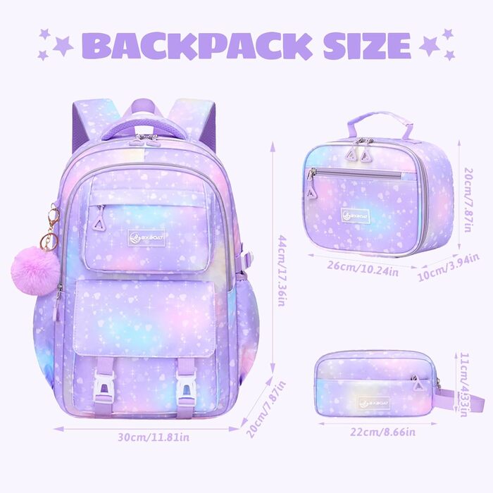 Шкільний рюкзак для дівчинки-підлітка 3 в 1, 2025, з ланч-боксом та пеналом, для ноутбука 15.6', гімназія, старша школа, подорожі - фіолетовий