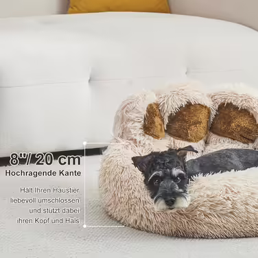 Jiupety Pet Round Dog Bed in Paw Shape, Soothing Donut Dog Bed, Faux Fur Cat Bed, Medium Size. The diameter is 56cm, comfortable and soft, machine washable (L 66 cm x W 66 cm x H 20 cm, Camel)