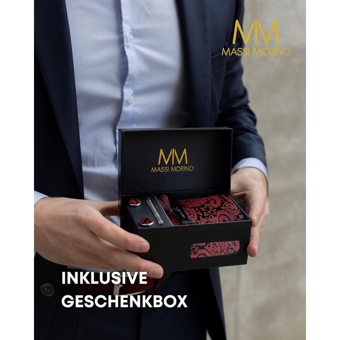Массі Моріно: Комплект краватки з нагрудною хустиною для чоловіків. Краватний набір на весілля з краватковою голкою, запонками та подарунковою коробкою. Палецький візерунок, бордовий колір, універсальний розмір.