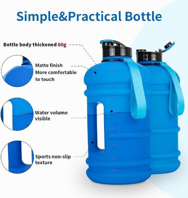 TOOFEEL Water Bottle 2L - 2 Liter Water Bottle BPA Free, Large Bottle, Reusable Sports Water Bottle with Marked Measurements, Gym Water Bottle - (Matte Dark Blue, 1893 ml)