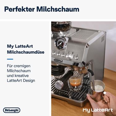 De'Longhi La Specialista Arte Evo EC9255.T Semi-automatic espresso machine with grinder, cold brew function, 8 grind settings, 15 bar, 3 temperatures, milk frothing wand, titanium finish, including barista kit. With Cold Brew function, espresso machine, titanium.