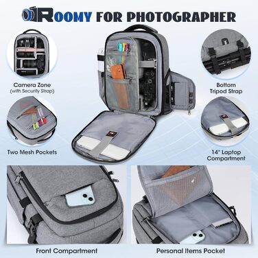 Рюкзак для фотокамери RAINSMORE з відділенням для ноутбука 14 дюймів, сірий. Підходить для Canon, Nikon, Sony (DSLR, SLR)