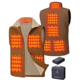 Електрична гріюча жилетка для чоловіків з Powerbank 16000mAh, 7,4V, 9 зон обігріву, канвас, фліс, регулювання температури, khaki XXL