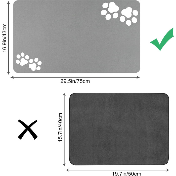 Килимок для тварин, супер вбираючий, для собак та котів, з неслизьким гумовим дном, швидковисихаючий, пральний, 40 x 60 см, 2 пари слідів лап, колір: світло-сірий