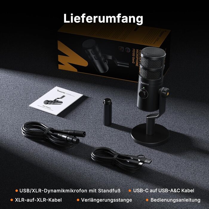 Динамічний USB/XLR мікрофон MAONO PD100 Gen2S для стрімінгу та подкастів, 192кГц/24біт, з кнопкою Mute та моніторингом, металевий корпус, комплект для ПК та Homeoffice