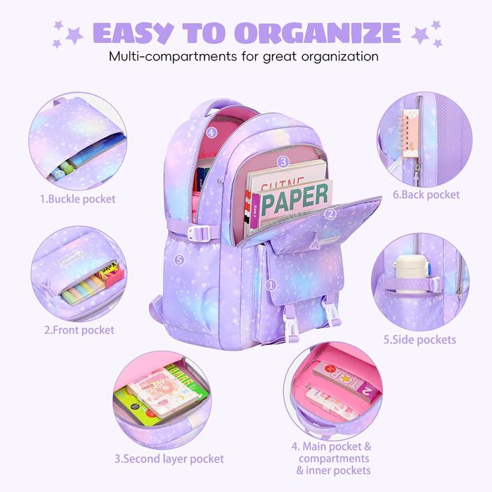 Шкільний рюкзак для дівчинки-підлітка 3 в 1, 2025, з ланч-боксом та пеналом, для ноутбука 15.6', гімназія, старша школа, подорожі - фіолетовий