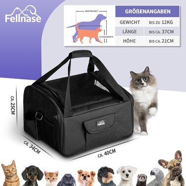 Транспортна переноска для собак та котів - зручна та складана переноска для подорожей, 40 x 34 x 25 см. Підходить для авіаперельотів та має додаткове відділення для зберігання речей