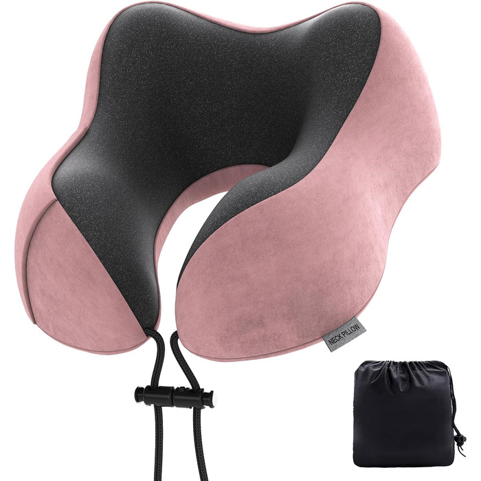 Подушка для шиї у подорожах: 100% Memory Foam, для автомобіля, літака, поїзда, офісу та дому (Рожева)