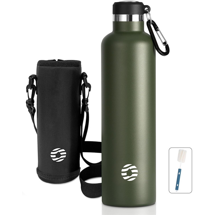 Фляга спортивна Feijian 1л з карабіном, нержавіюча сталь, термофляга, без BPA, для напоїв, кемпінг, спорт, школа, армійський зелений