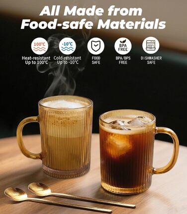 Набір з 4 чашок капучино 350мл, скляні, з рифленням, для лате/капучино/напоїв/кави/чаю - золоті