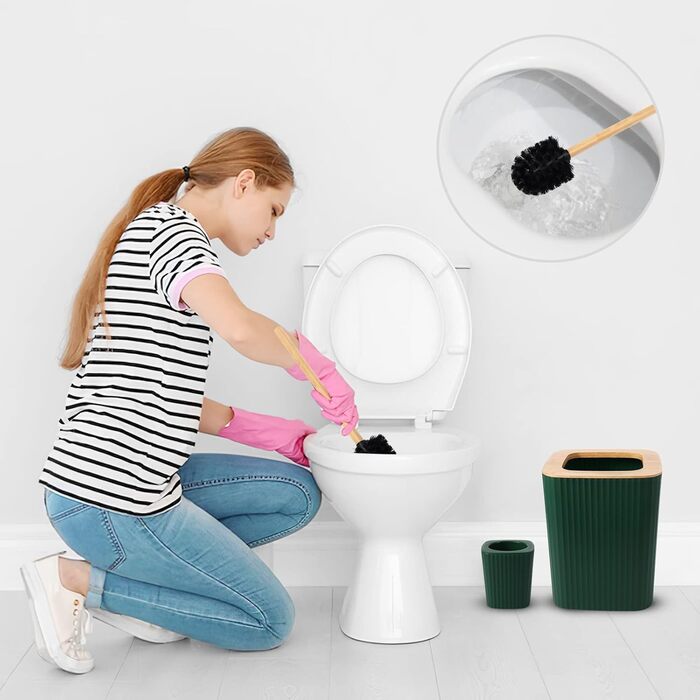 Комплекти аксесуарів для ванної кімнати, 9 предметів: набір темно-зеленого кольору з відром для сміття, органайзером для косметики, дозатором мила, мильницею, стаканчиком для зубних щіток, щіткою для унітазу та тримачем для ватних паличок. Темно-зелений н