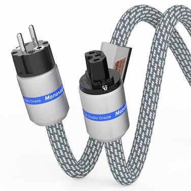 Hi-End мережевий кабель Monosaudio P902E6R 1,5м, 5,5qmm 4N OFC мідь, роз'єми Schuko та IEC C15 з родієвим покриттям, подвійне екранування для підсилювачів, DAC та сабвуферів