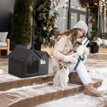 Зручне котяче будиночок ALLSOPETS для вулиці: водонепроникне собаче житло, тепле ізольоване притулок для тварин з подвійним дахом (чорний)