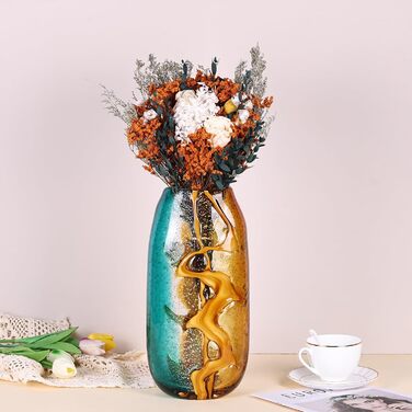 Blue-Green Blown Glass Flower Vase - Unique Murano Style Decor for Bookshelves & Living Rooms