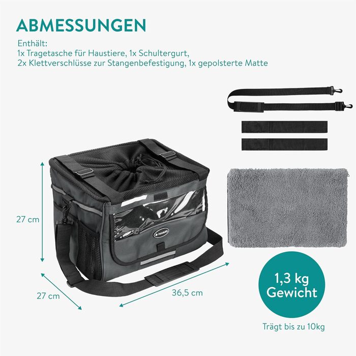 Корзина для собак Navaris на велосипед - сіра, до 10 кг, з додатковими кишенями