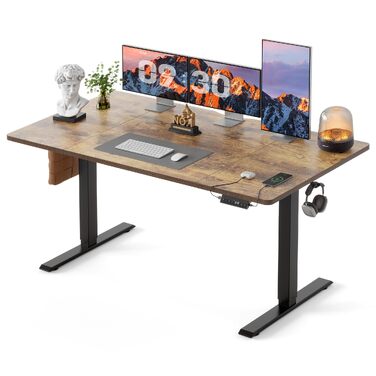 Регульований по висоті письмовий стіл FEZIBO 160x80 см з USB-C та USB-A портами для зарядки, коричневий