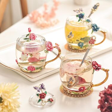 Enamel Butterfly Flower Tea Cup Sets with Spoon and Lid, Glass Coffee Mugs, Wedding Birthday, Valentine's Day, Christmas, Gift for Women Wife Friend (Pink)