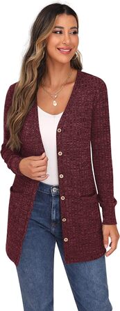 Жіночий в'язаний кардиган Grecerelle з довгими рукавами, V-подібним вирізом, з кишенями та ґудзиками, бордовий, осінь, м'який, елегантний, трикотажний
