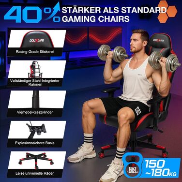 Ігровий крісло Douxlife з 7-точковим масажем, підніжкою, ергономічний офісний крісло, регулювання спинки 90-175°, регульовані 2D підлокітники, для ПК, 150-180 кг, чорно-червоний