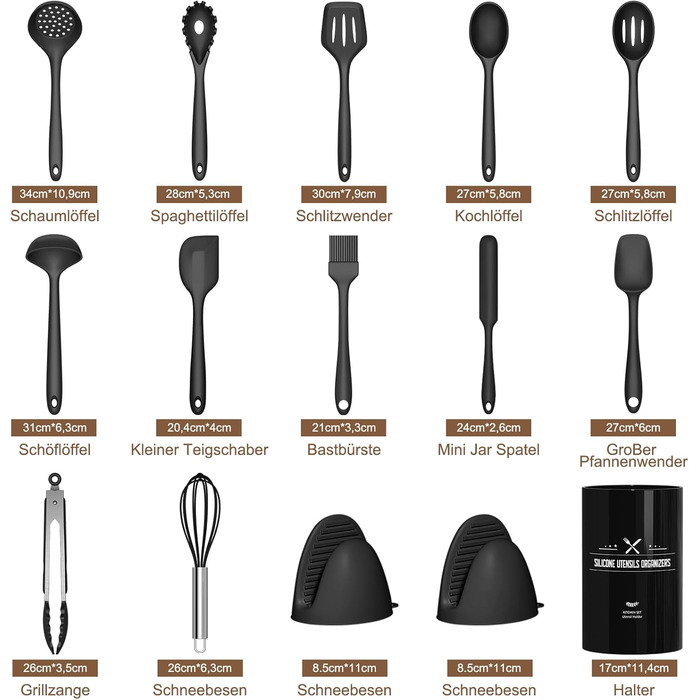 Набір кухонних аксесуарів Terlulu: 15 предметів з силікону, стійкий до нагріву, антипригарний, для посуду, з підставкою, чорний