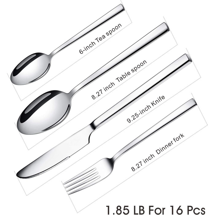 WUJO Cutlery Set, Stainless Steel Cutlery, 16-Piece Silver Cutlery Set including Knife, Fork, Spoon, Teaspoon, Dining Set for 4 People, Mirror Polished, Dishwasher Safe
