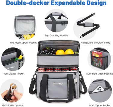 Велика розширювана сумка-холодильник з м'якого матеріалу, двоярусна ланч-сумка для жінок та чоловіків, вміщує 40 банок, вологостійка та портативна – ідеально для пляжу, кемпінгу, подорожей (Сірий)