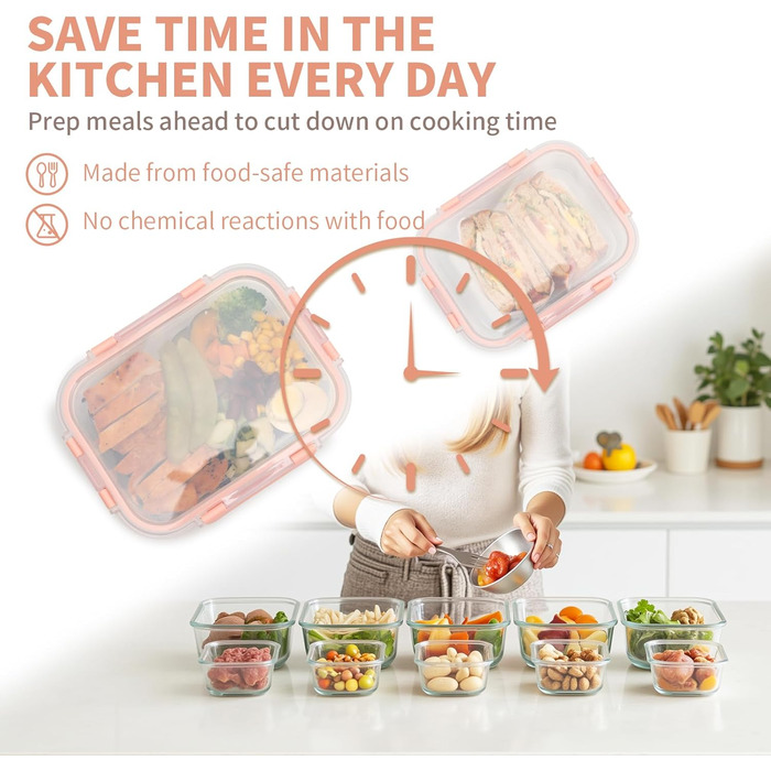 Набір контейнерів для зберігання їжі з боросилікатного скла з кришкою, BPA-free, не протікають, для мікрохвильової печі, духової шафи, посудомийної машини, для приготування їжі на тиждень (Meal Prep) – рожевий (SA1637)