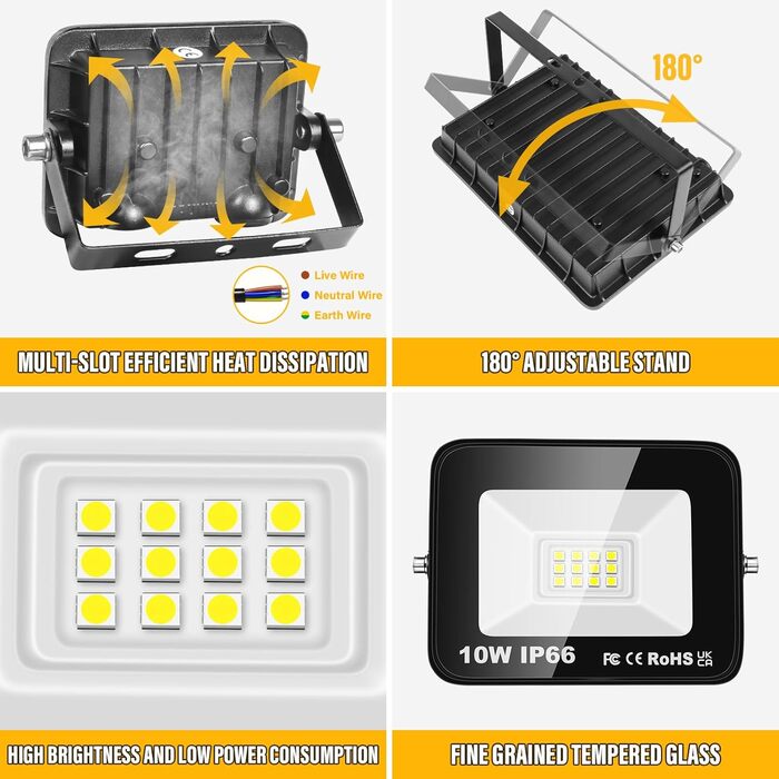 RIGIDON 2x 75W LED Floodlights Outdoor, 7500LM Outdoor Spotlight, 6000K Cool White IP66 Waterproof LED Floodlight, Outdoor Lamp for Garden, Courtyards, Garage, Hotel, Sports Field, Workshop (2 x 10W)