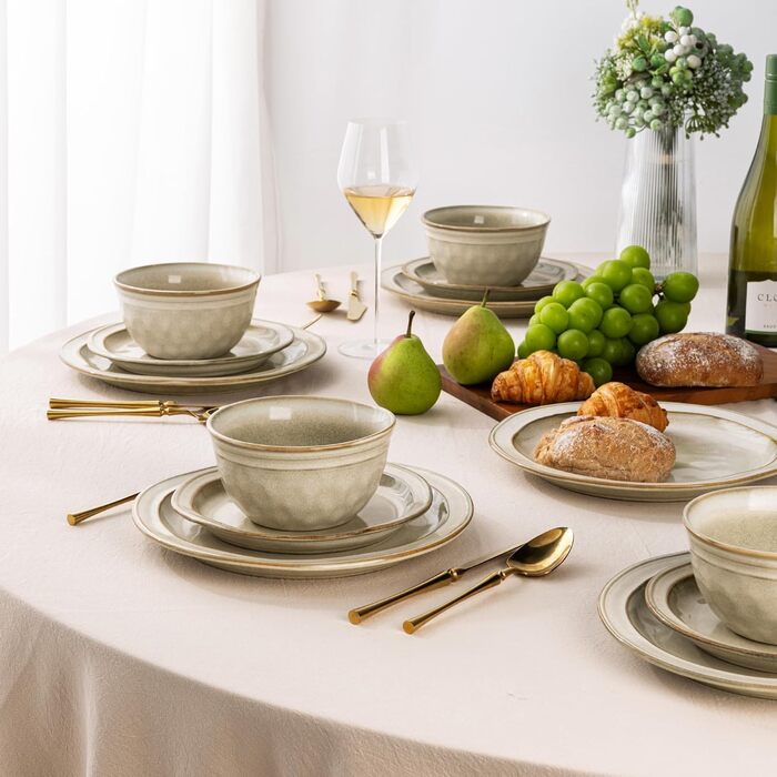 GBHOME Набір посуду з кераміки (12 предметів), керамічний, ручної роботи, реактивна глазур, тарілки та миски, стійкий до сколів та тріщин, придатний для миття в посудомийній машині та використання в мікрохвильовці, набір посуду на 4 особи, білий