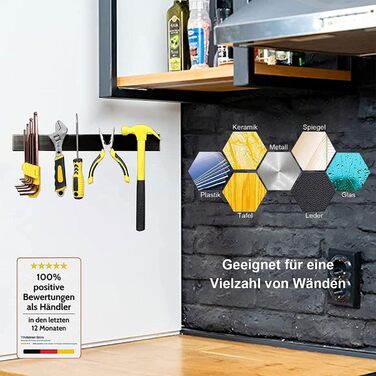 Improved 50cm Trhillsbrad Magnetic Knife Strip, 50cm Magnetic Knife Holder with 3 Hooks, Stainless Steel Knife Rail, Self-Adhesive, Black Wall Mount Magnetic Strip, No Drilling Knife Holder