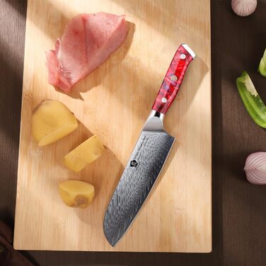 Ніж кухонний WILDMOK Santoku 17 см, професійний японський ніж з дамаської сталі VG10, червона рукоятка