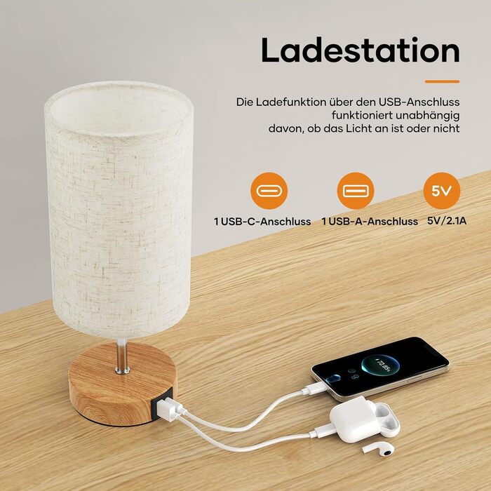 Настільна лампа Suright з торшером, сенсорне керування, диммування, USB A+C, тканинний абажур, дерев'яний цоколь, для спальні/вітальні (LED, 1 шт.) - бежева